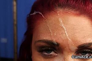 Slutty hottie gets cum shot on her face sucking all the jizz