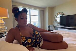 The pervy stepbro shares a bed with his thick stepsis on vacation and creampies her doggystyle