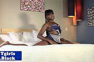 Black shemale masturbates with toys, sperm drenched