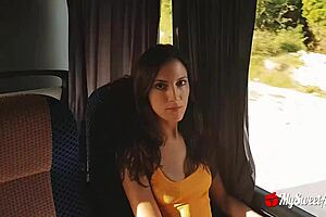 risky blowjob on public bus, she swallows every drop.