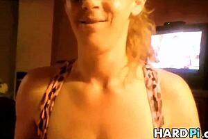 busty wife gives handjob to husband