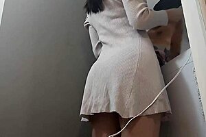 cute busty japanese girl gets horny while cleaning, sticks out adorable butt for solo play