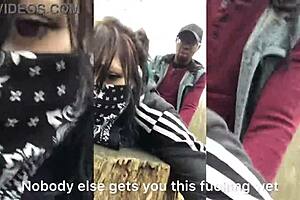 Emo slut pounded on tree stump in rough public encounter