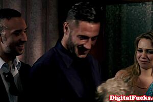 Adorable babe in lingerie deepthroats and gets doggystyled at party