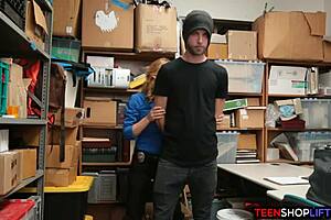 The milf police officer catches a shoplifter and fucks him in the back office.