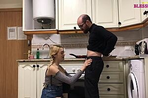 Teen enjoys kitchen teasing with shaved body