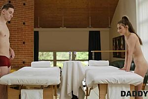 Emotional Cheating Massage with Father-in-Law and Young Brunette's Shaved Pussy