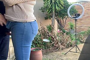 blonde secretary fucked on balcony, shaved pussy exposed