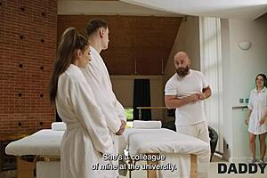 Emotional Cheating Massage with Father-in-Law and Young Brunette's Shaved Pussy