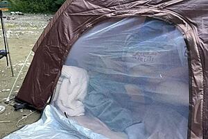 Amateur girl holds back moans for blowjob in tent at camp. 😏