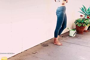 oh man, asian tina's desperate to piss on the balcony in wet leggings!