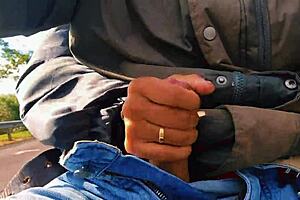 hotwife safada jerks off on road, nearly caught in public naughty group fun