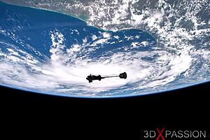 Sci-Fi Android Plays With Young Blonde In Earth Orbit