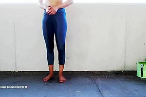 oh man, asian tina's desperate to piss on the balcony in wet leggings!