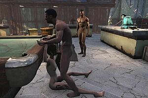 fo4 pool table party with cartoon characters having fun