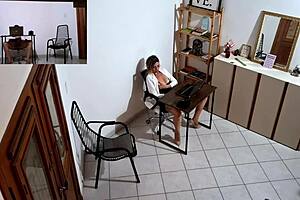 Horny secretary in office roleplay masturbates, then licks and kisses cuckold client with natural tits