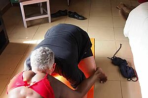 Ebony milf does her morning joga but gets interrupted by her lover he eats her pussy before cumming on her face. He then deepthroats and doggystyles her cum-covered body.