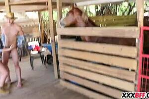 Farm girls eagerly share massive cock on the ranch.