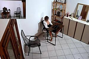 Horny secretary in office roleplay masturbates, then licks and kisses cuckold client with natural tits