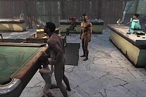 fo4 pool table party with cartoon characters having fun