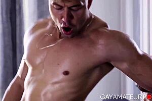 Muscular guy fucks twink hard on couch.