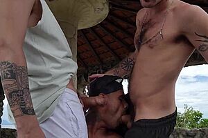 hey, my friends with huge cocks banging on the island, one watching