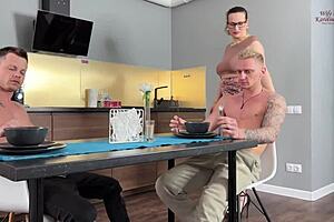 shameless slut is happy to finally get pissed and fucked by two guys