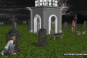 3D Babe Gets Double Penetration In A Graveyard