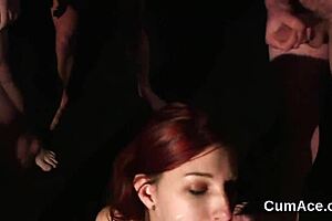 spicy sex kitten gets a blowbang facial, handjob POV with jizz bukkake cumshot.