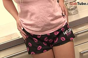 Blonde teen 18+ masturbates tight pussy in kitchen