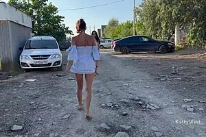 Wow, two girls flashing pussies in public with no panties on!