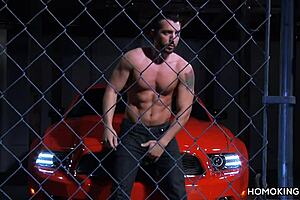 strong gay couple fucking on the roof of a nice red car