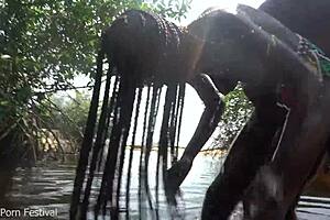 skinny zulu hottie with perfect tits getting fucked while bathing in the river