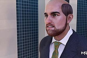 In the men's toilet, he inserts his cock into her pussy