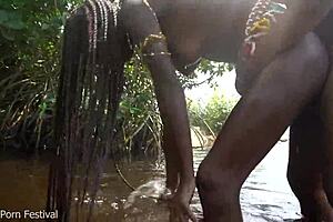 skinny zulu hottie with perfect tits getting fucked while bathing in the river