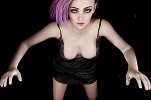 Short-haired tomboy with tight pussy moans while riding cock in cosmic setting.