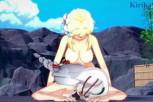 shenhe, lumine, miko yae, raiden shogun clash in wild futanari action