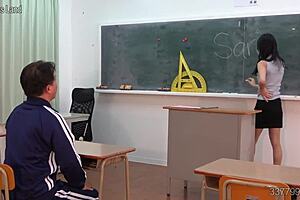japanese female teacher casually educates two masochistic students with whipping and slaps