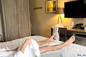 In the hotel, I flash my monster cock to the maid, and she helps me jerk off to cum.