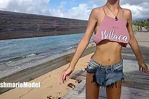 Hairy Woman Bouncing Tits with Nipple Slips in Public Show