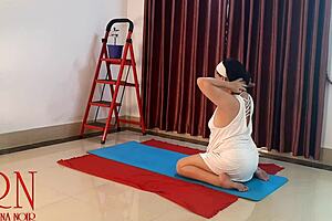 Regina Noir performs nude yoga in white panties in the gym