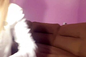 Mistress masturbating through pantyhose while dominating shaved sub.