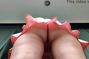 Upskirt View of Bare Pussy in Cafe Hidden Camera