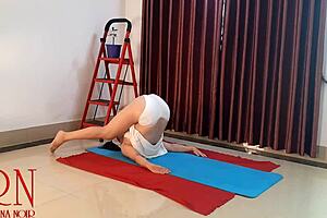 Regina Noir performs nude yoga in white panties in the gym