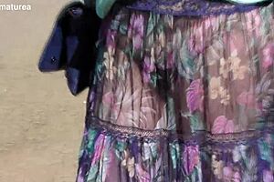 Hairy Mature Flaunts Chubby Body in Transparent Dress on Street