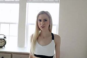 My stepbrother teases the teen's feet on the bed, then fucks her tight ass while watching her ride.