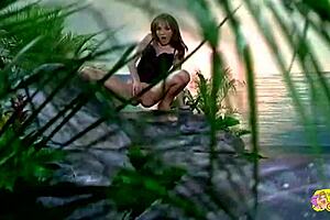 beautiful brunette in costume gets tight pussy fucked with big toy