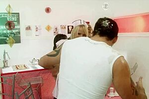 Milf Waitresses Diana Gold and Eva Mercedes in Heels for Shaved Pussy Facial and Cumshot Foursome