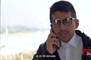 Two guys dominate busty Peruvian redhead in rough threesome. She pays debt with deepthroat and submission.