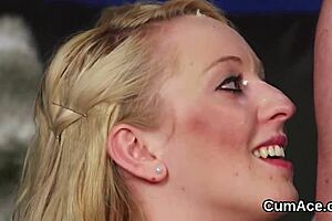 Naughty hottie swallows jizz load on her face